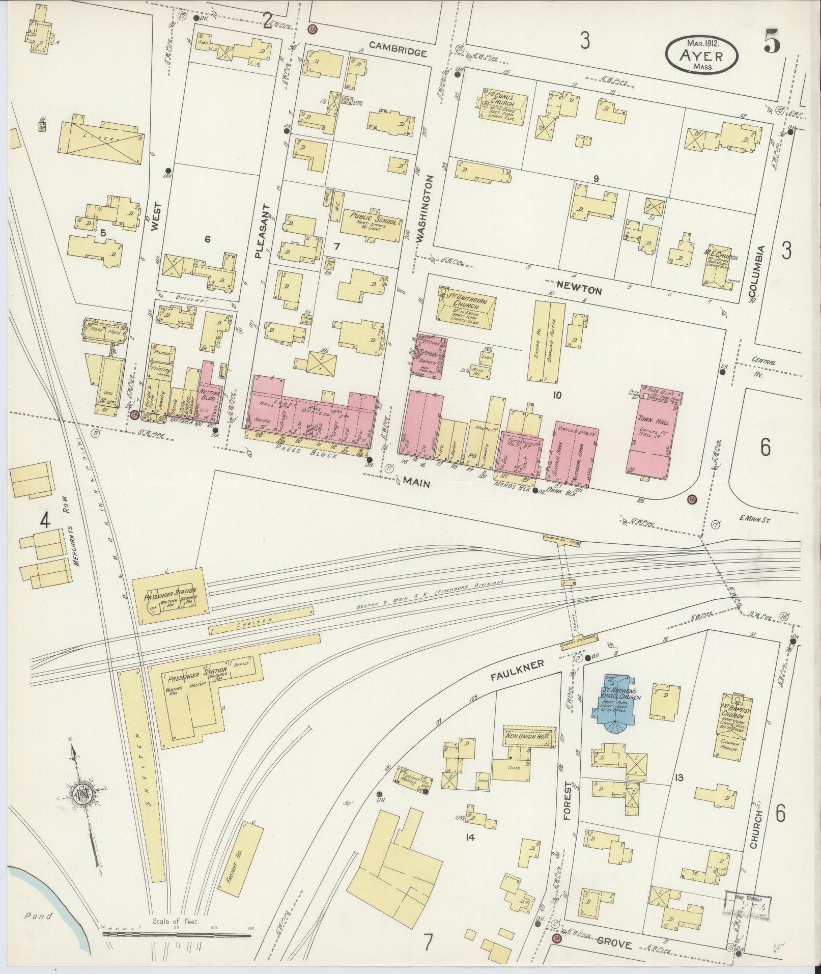 Sanborn Fire Insurance Map from Ayer, Middlesex County, Massachusetts (1912), Sheet #0005 - Historic Sanborn Fire Insurance Map Print, vintage old map wall art, antique decor, genealogy gift, Massachusetts Massachusetts map