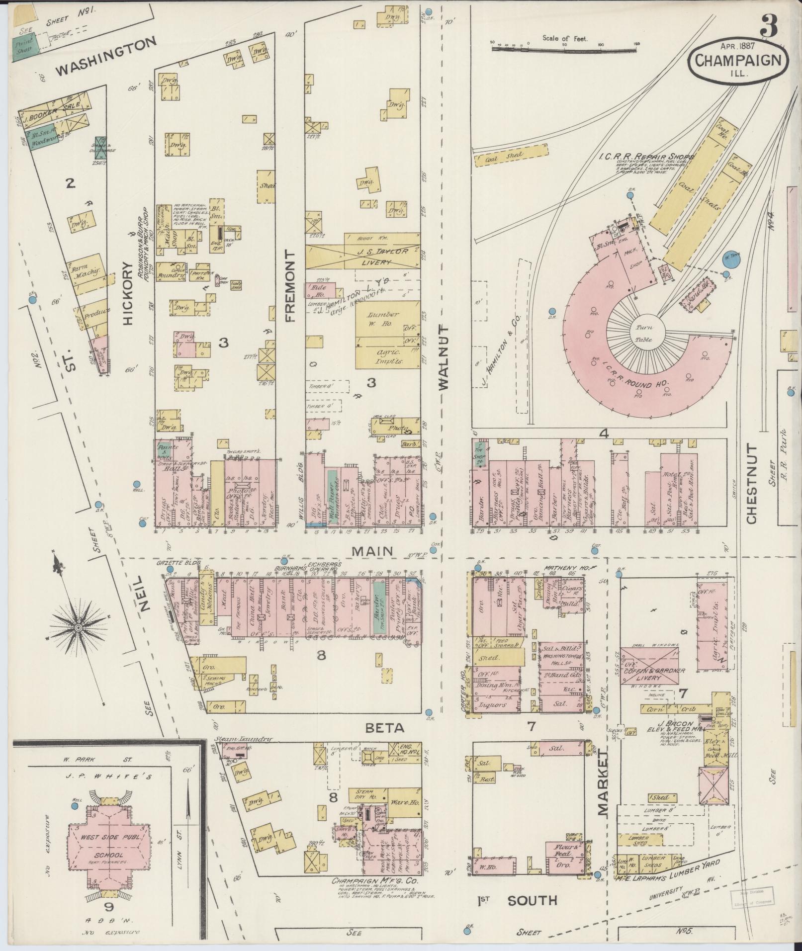 Sanborn Fire Insurance Map from Champaign, Champaign County, Illinois (1887), Sheet #0003 - Historic Sanborn Fire Insurance Map Print, vintage old map wall art, antique decor, genealogy gift, Illinois Illinois map