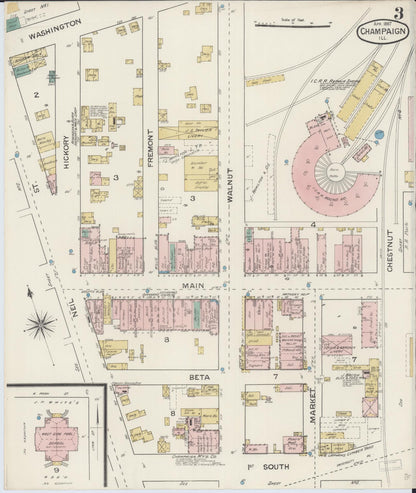 Sanborn Fire Insurance Map from Champaign, Champaign County, Illinois (1887), Sheet #0003 - Historic Sanborn Fire Insurance Map Print, vintage old map wall art, antique decor, genealogy gift, Illinois Illinois map