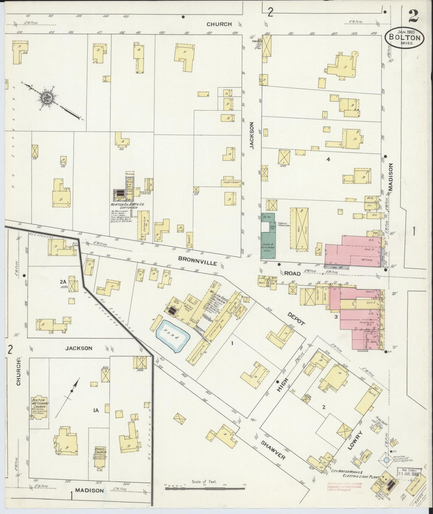 Sanborn Fire Insurance Map from Bolton, Hinds County, Mississippi (1910), Sheet #0002 - Historic Sanborn Fire Insurance Map Print, vintage old map wall art, antique decor, genealogy gift, Mississippi Mississippi map