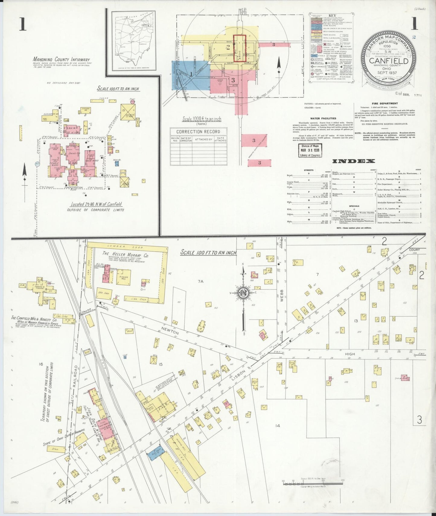 Sanborn Fire Insurance Map from Canfield, Mahoning County, Ohio (1937), Sheet #0001 - Historic Sanborn Fire Insurance Map Print, vintage old map wall art, antique decor, genealogy gift, Ohio Ohio map