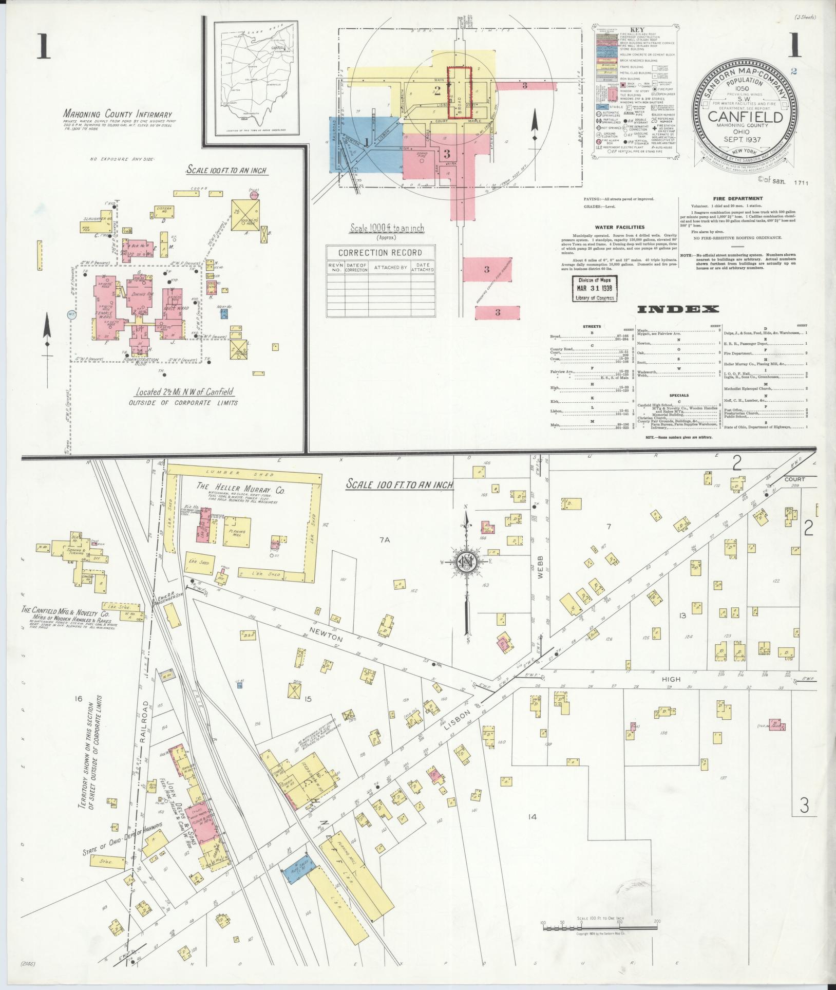 Sanborn Fire Insurance Map from Canfield, Mahoning County, Ohio (1937), Sheet #0001 - Historic Sanborn Fire Insurance Map Print, vintage old map wall art, antique decor, genealogy gift, Ohio Ohio map