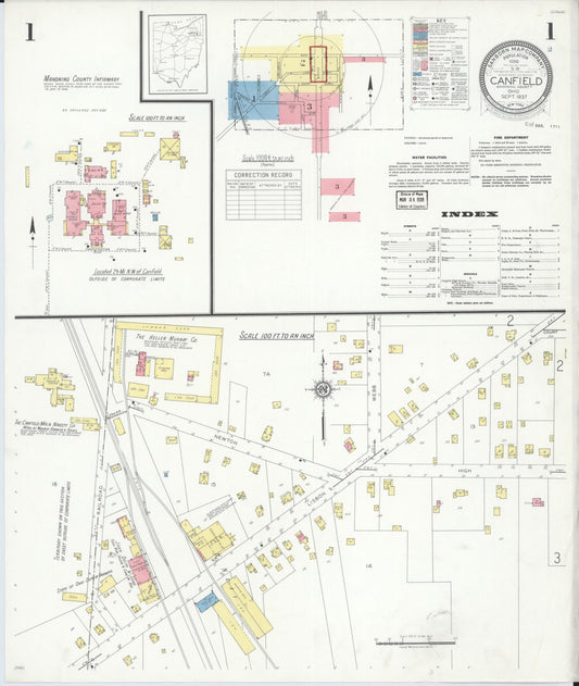 Sanborn Fire Insurance Map from Canfield, Mahoning County, Ohio (1937), Sheet #0001 - Historic Sanborn Fire Insurance Map Print, vintage old map wall art, antique decor, genealogy gift, Ohio Ohio map