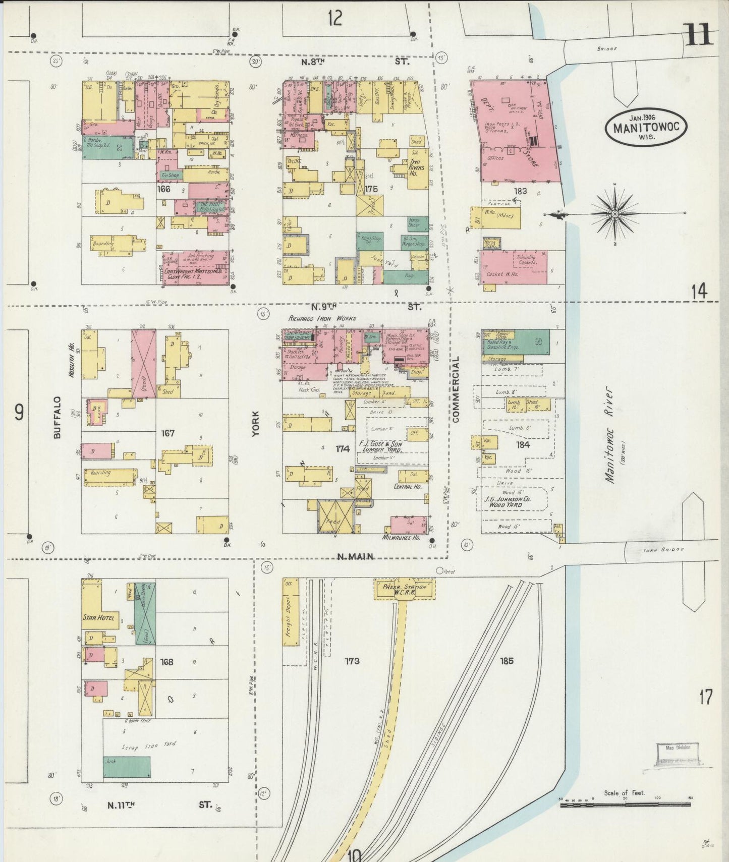 Sanborn Fire Insurance Map from Manitowoc, Manitowoc County, Wisconsin (1906), Sheet #0011 - Complete Map Set gallery image, historic Sanborn map, vintage wall art, Wisconsin Wisconsin