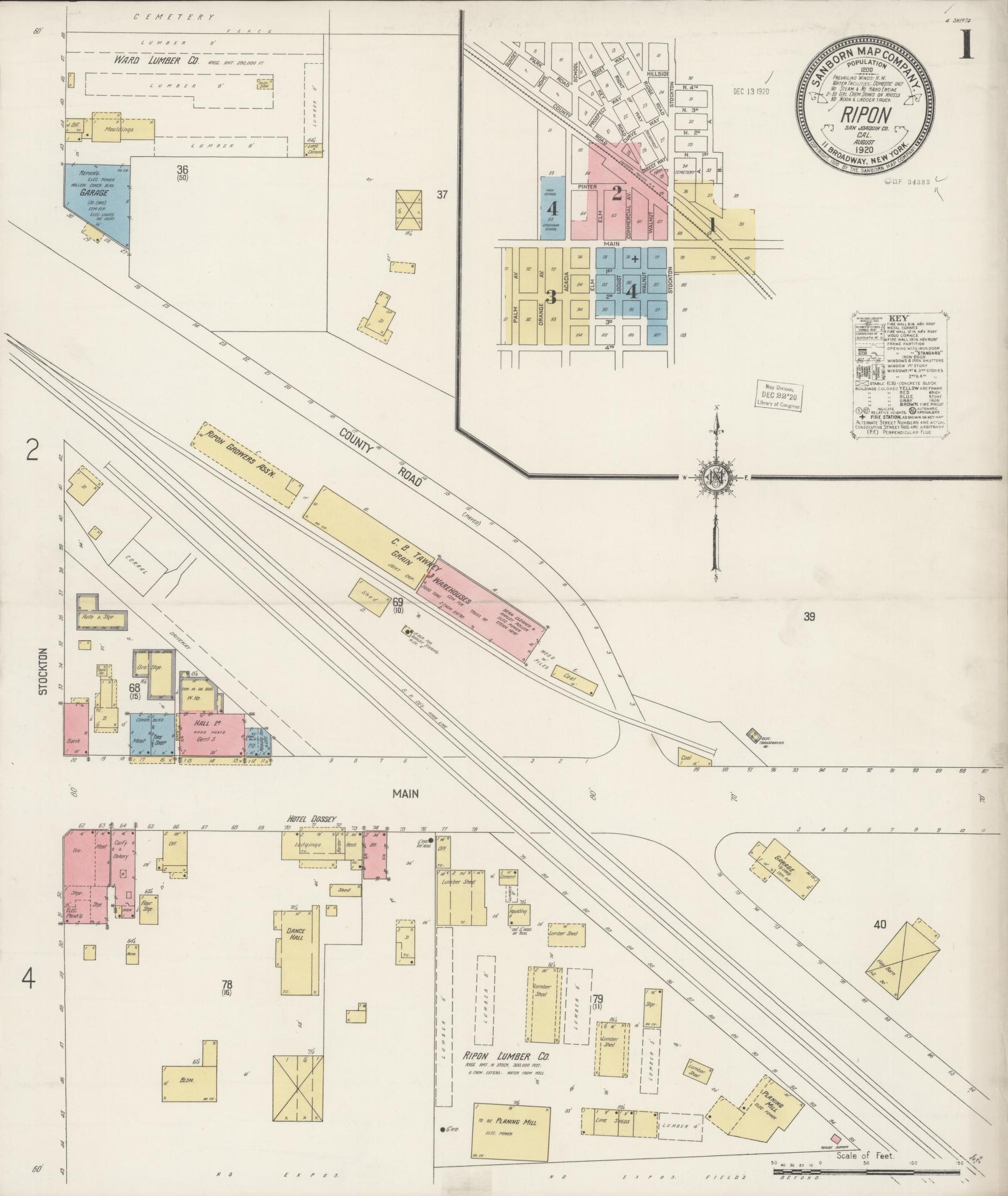 Sanborn Fire Insurance Map from Ripon, San Joaquin County, California (1920), Sheet #0001 - Complete Map Set gallery image, historic Sanborn map, vintage wall art, California California