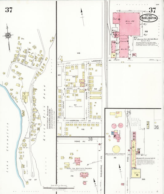 Sanborn Fire Insurance Map from Burlington, Chittenden County, Vermont (1926), Sheet #0037 - Historic Sanborn Fire Insurance Map Print, vintage old map wall art, antique decor, genealogy gift, Vermont Vermont map