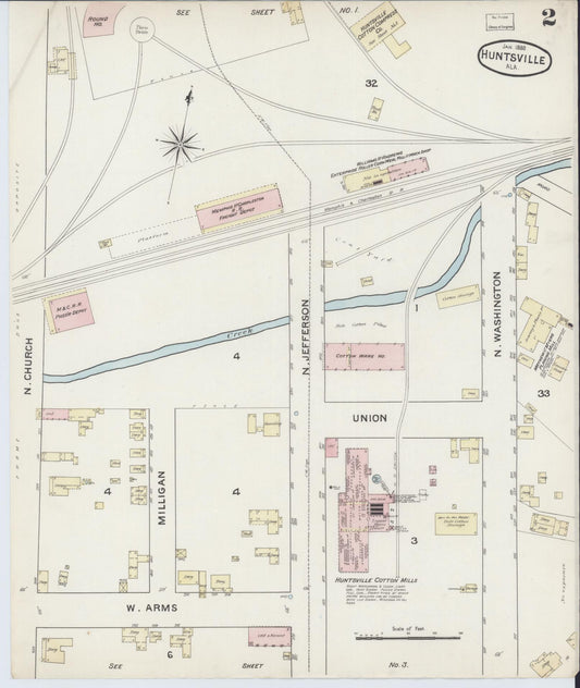 Sanborn Fire Insurance Map from Huntsville, Madison County, Alabama (1888), Sheet #0002 - Historic Sanborn Fire Insurance Map Print, vintage old map wall art, antique decor, genealogy gift, Alabama Alabama map