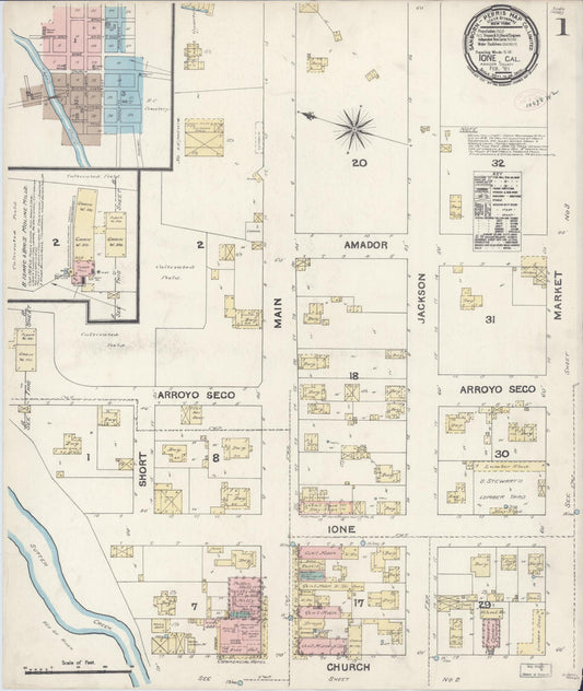 Sanborn Fire Insurance Map from Ione, Amador County, California (1891), Sheet #0001 - Historic Sanborn Fire Insurance Map Print, vintage old map wall art, antique decor, genealogy gift, California California map