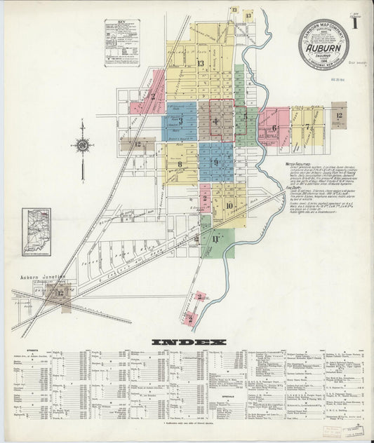 Sanborn Fire Insurance Map from Auburn, De Kalb County, Indiana (1914), Sheet #0001 - Historic Sanborn Fire Insurance Map Print, vintage old map wall art, antique decor, genealogy gift, Indiana Indiana map