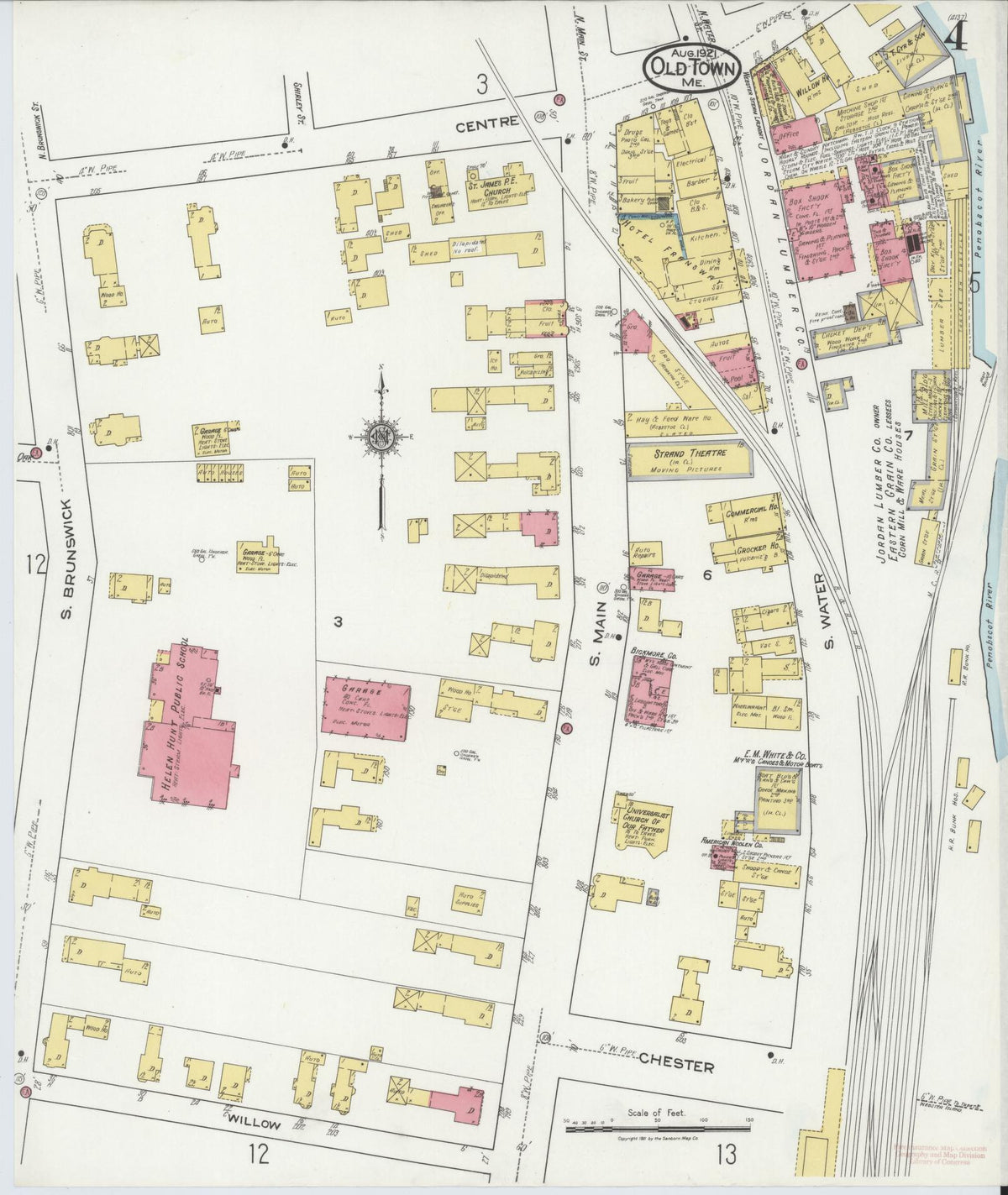 Sanborn Fire Insurance Map from Old Town, Penobscot County, Maine (1921), Sheet #0004 - Complete Map Set gallery image, historic Sanborn map, vintage wall art, Maine Maine