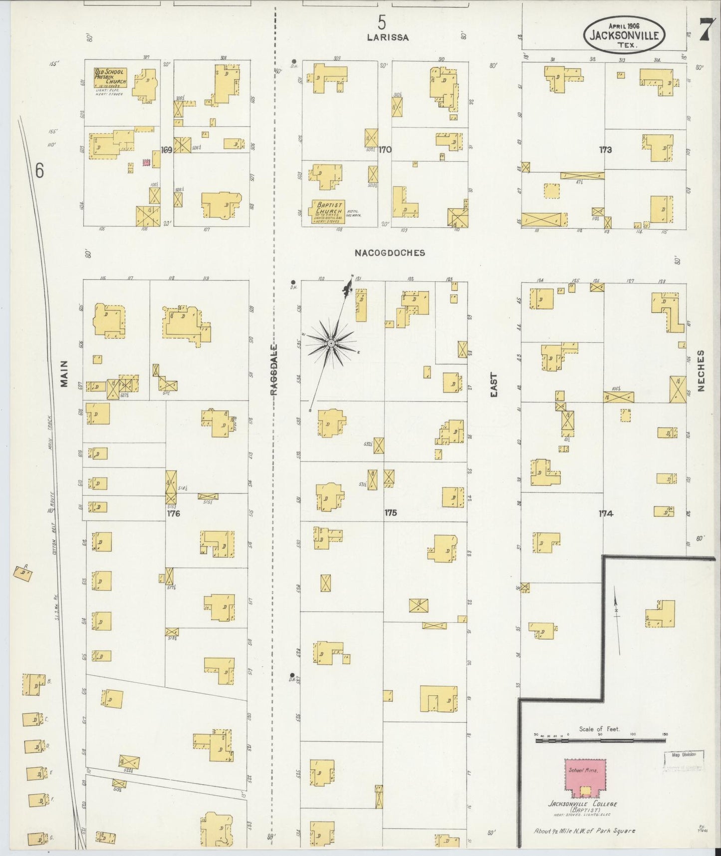 Sanborn Fire Insurance Map from Jacksonville, Cherokee County, Texas (1906), Sheet #0007 - Historic Sanborn Fire Insurance Map Print, vintage old map wall art, antique decor, genealogy gift, Texas Texas map