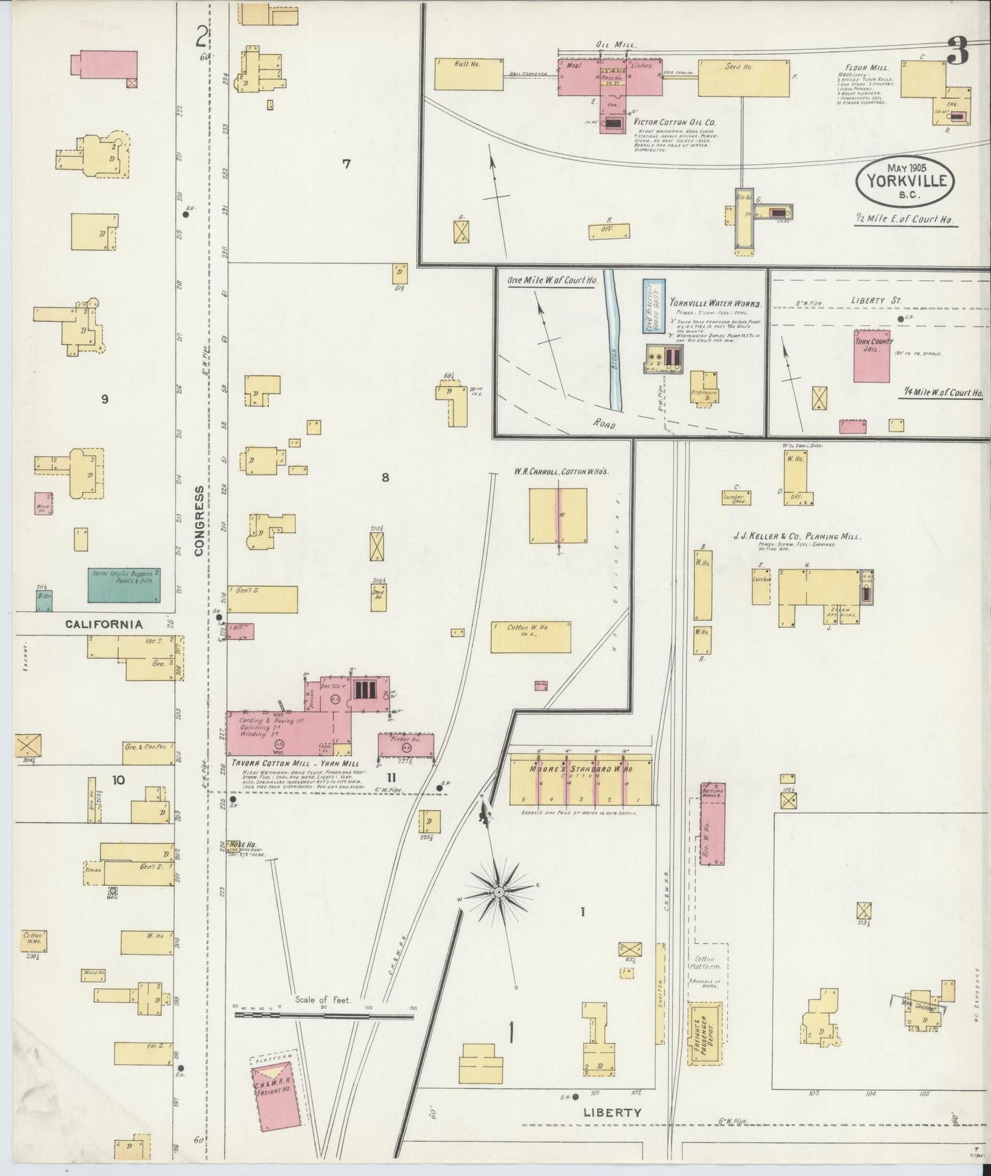 Sanborn Fire Insurance Map from York[ville], York County, South Carolina (1905), Sheet #0003 - Historic Sanborn Fire Insurance Map Print, vintage old map wall art, antique decor, genealogy gift, South Carolina South Carolina map