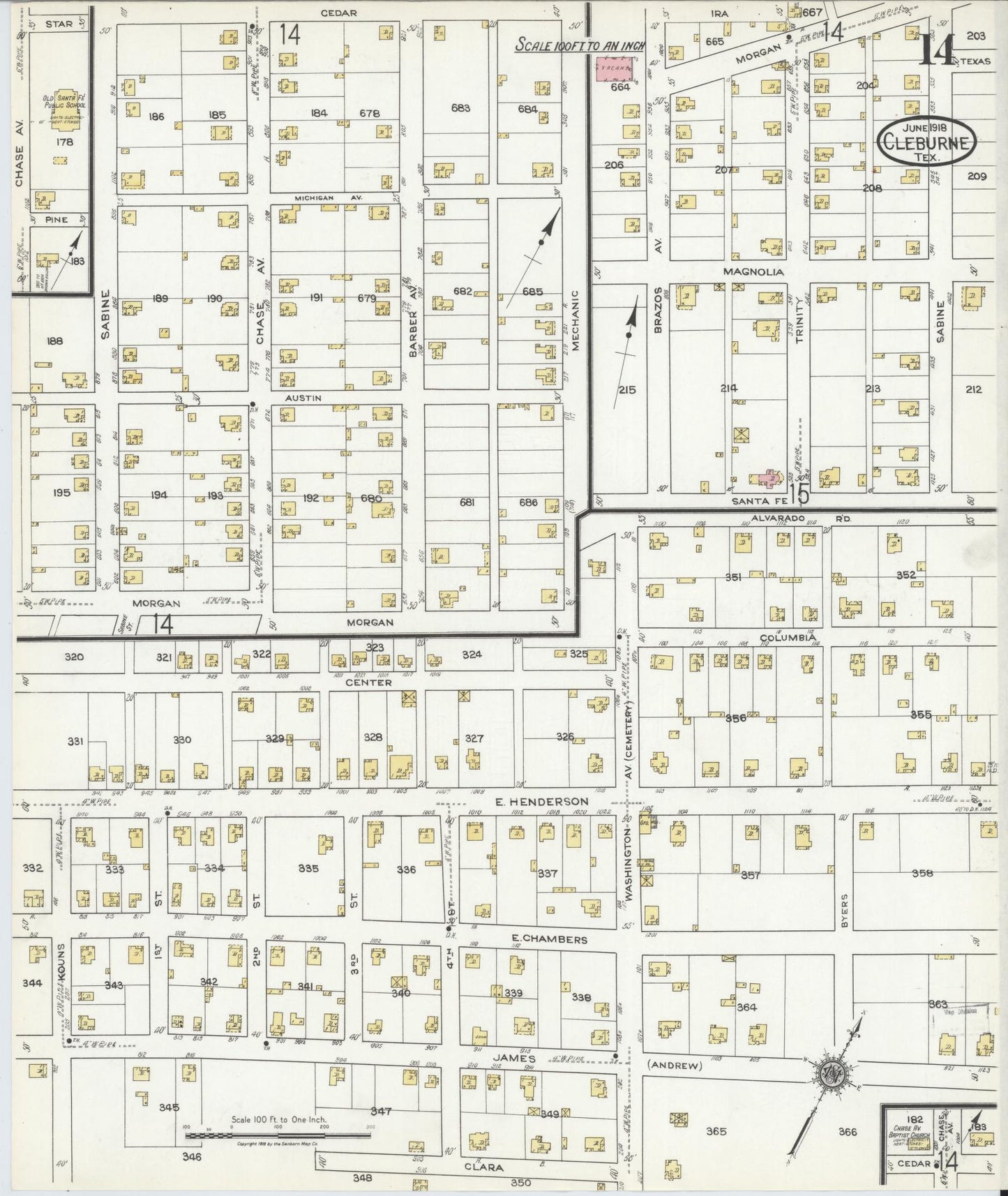Sanborn Fire Insurance Map from Cleburne, Johnson County, Texas (1918), Sheet #0014 - Historic Sanborn Fire Insurance Map Print, vintage old map wall art, antique decor, genealogy gift, Texas Texas map