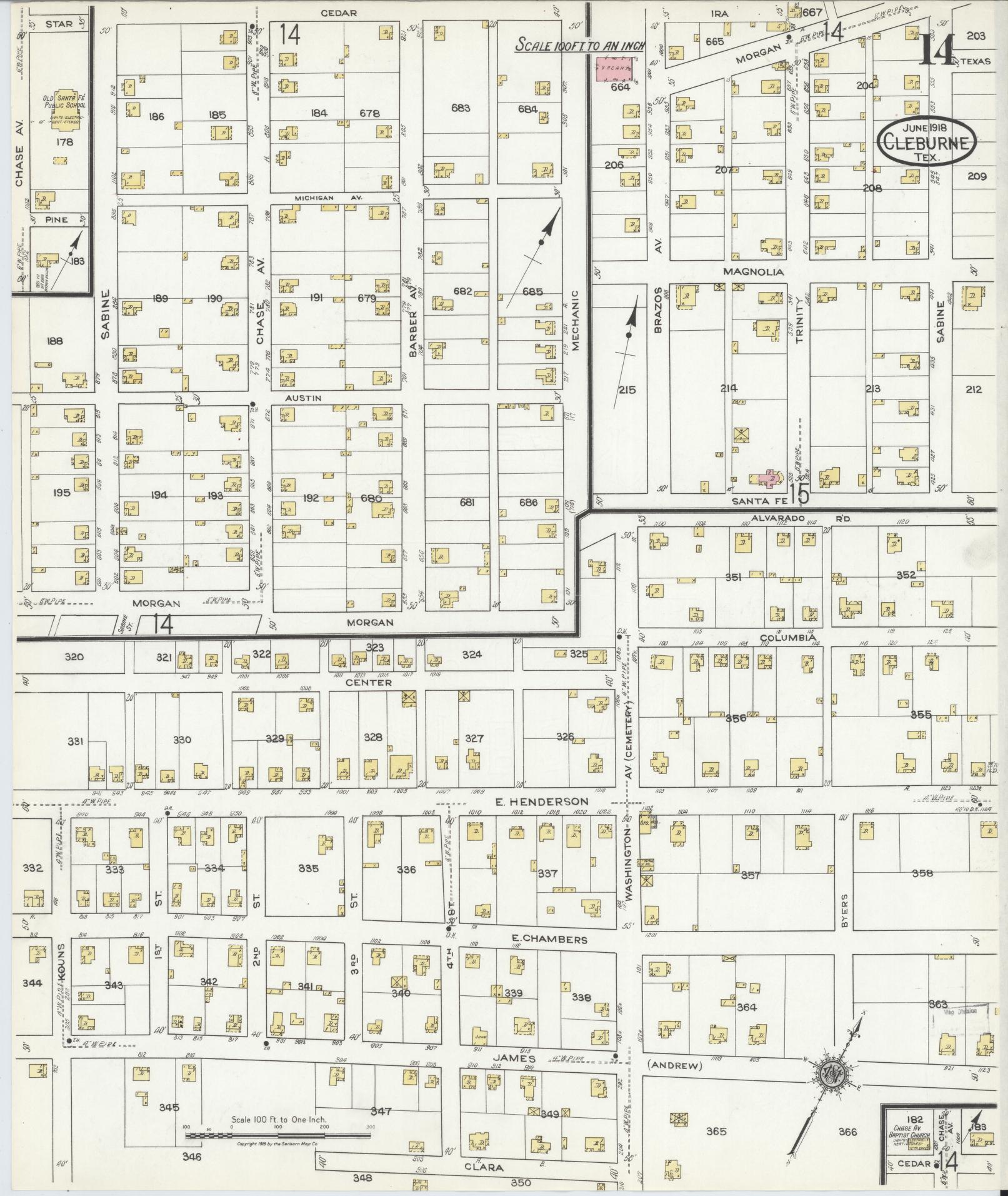 Sanborn Fire Insurance Map from Cleburne, Johnson County, Texas (1918), Sheet #0014 - Historic Sanborn Fire Insurance Map Print, vintage old map wall art, antique decor, genealogy gift, Texas Texas map