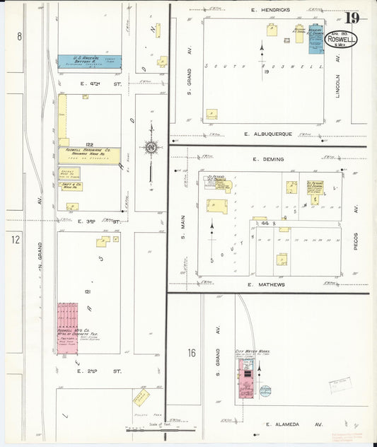 Sanborn Fire Insurance Map from Roswell, Chaves County, New Mexico (1913), Sheet #0019 - Historic Sanborn Fire Insurance Map Print, vintage old map wall art, antique decor, genealogy gift, New Mexico New Mexico map