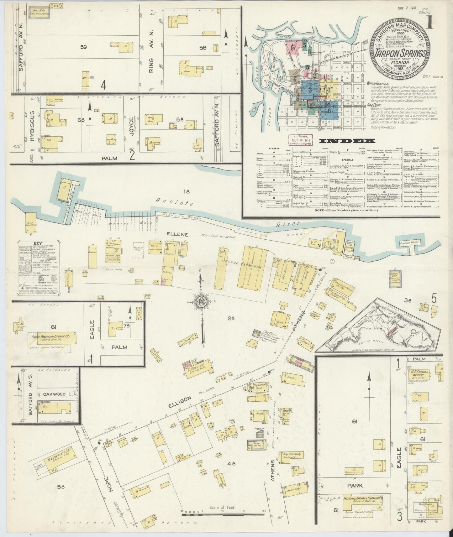 Sanborn Fire Insurance Map from Tarpon Springs, Pinellas County, Florida (1913), Sheet #0001 - Complete Map Set gallery image, historic Sanborn map, vintage wall art, Florida Florida