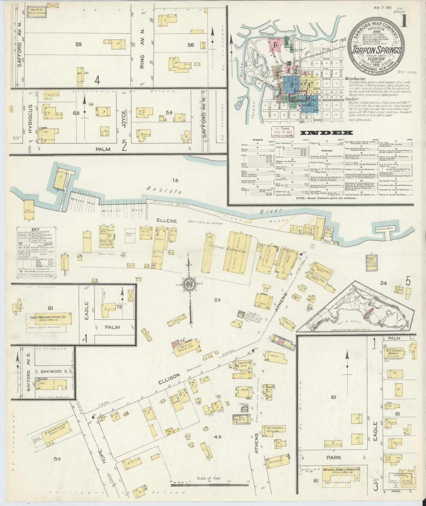 Sanborn Fire Insurance Map from Tarpon Springs, Pinellas County, Florida (1913), Sheet #0001 - Complete Map Set gallery image, historic Sanborn map, vintage wall art, Florida Florida