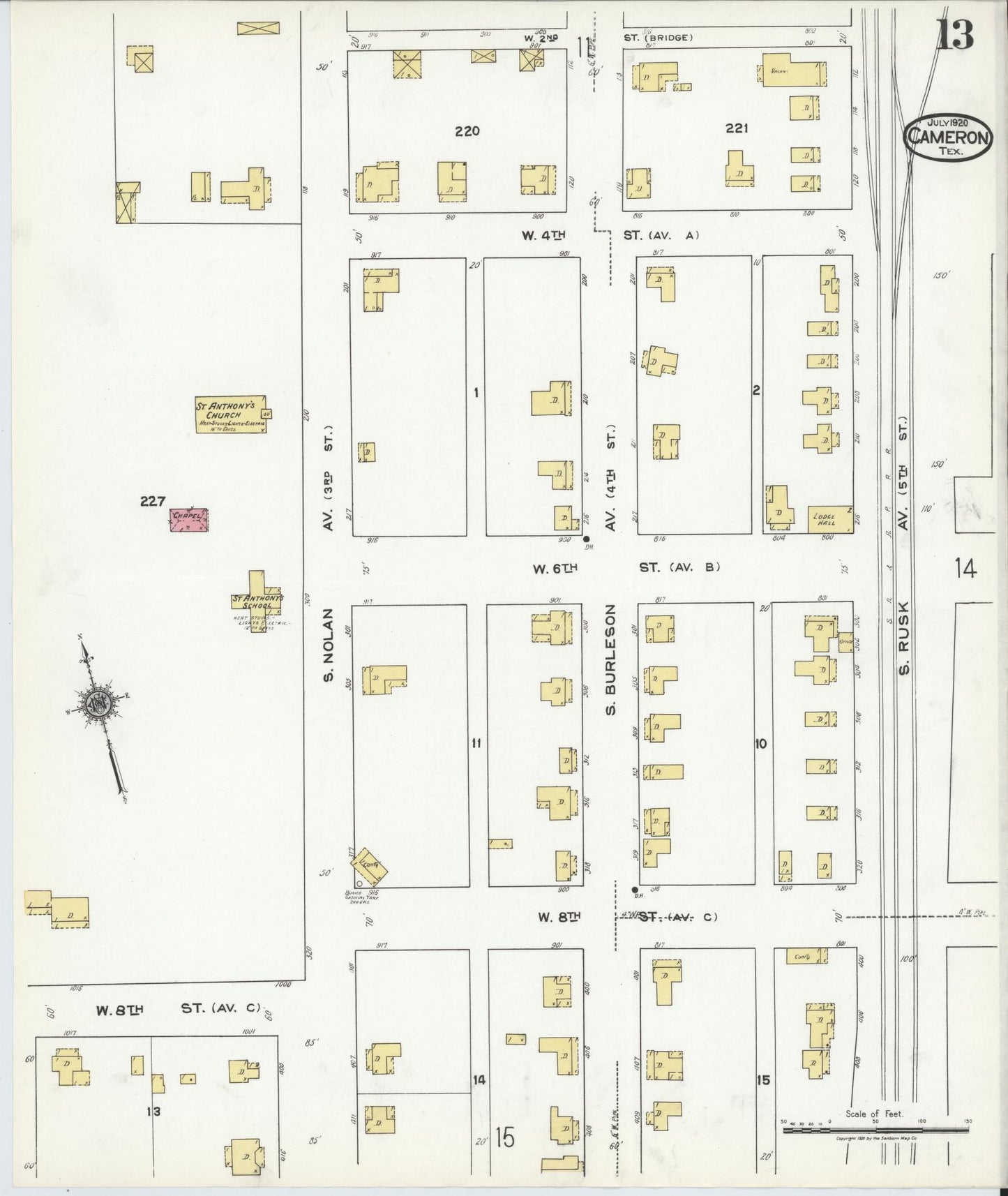 Sanborn Fire Insurance Map from Cameron, Milam County, Texas (1920), Sheet #0013 - Historic Sanborn Fire Insurance Map Print, vintage old map wall art, antique decor, genealogy gift, Texas Texas map