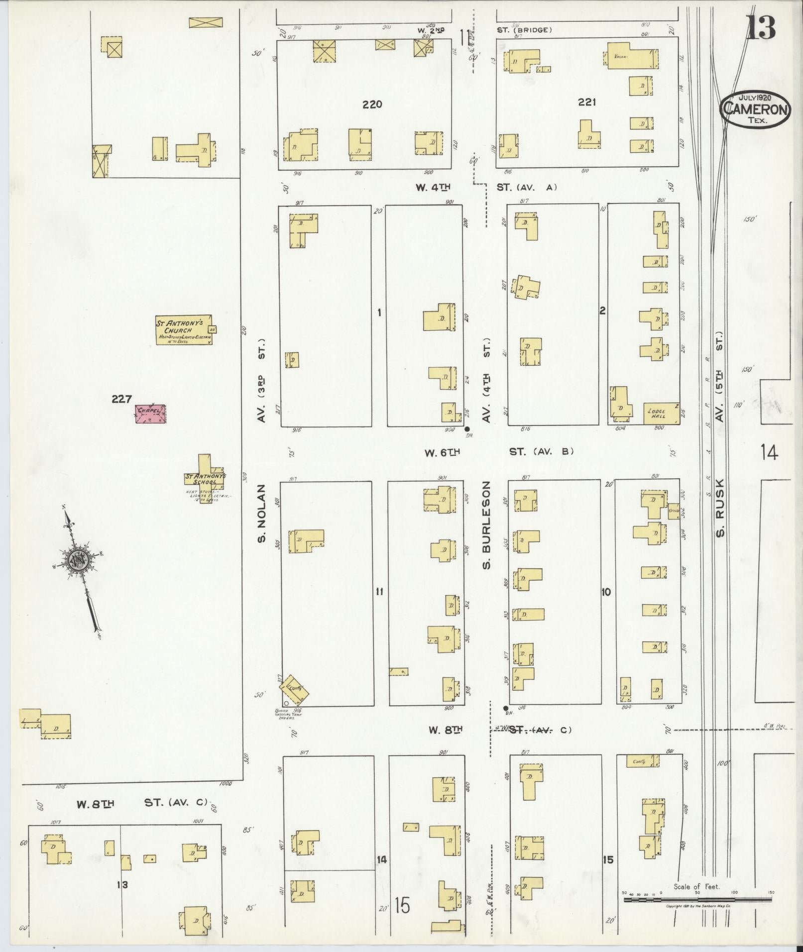 Sanborn Fire Insurance Map from Cameron, Milam County, Texas (1920), Sheet #0013 - Historic Sanborn Fire Insurance Map Print, vintage old map wall art, antique decor, genealogy gift, Texas Texas map