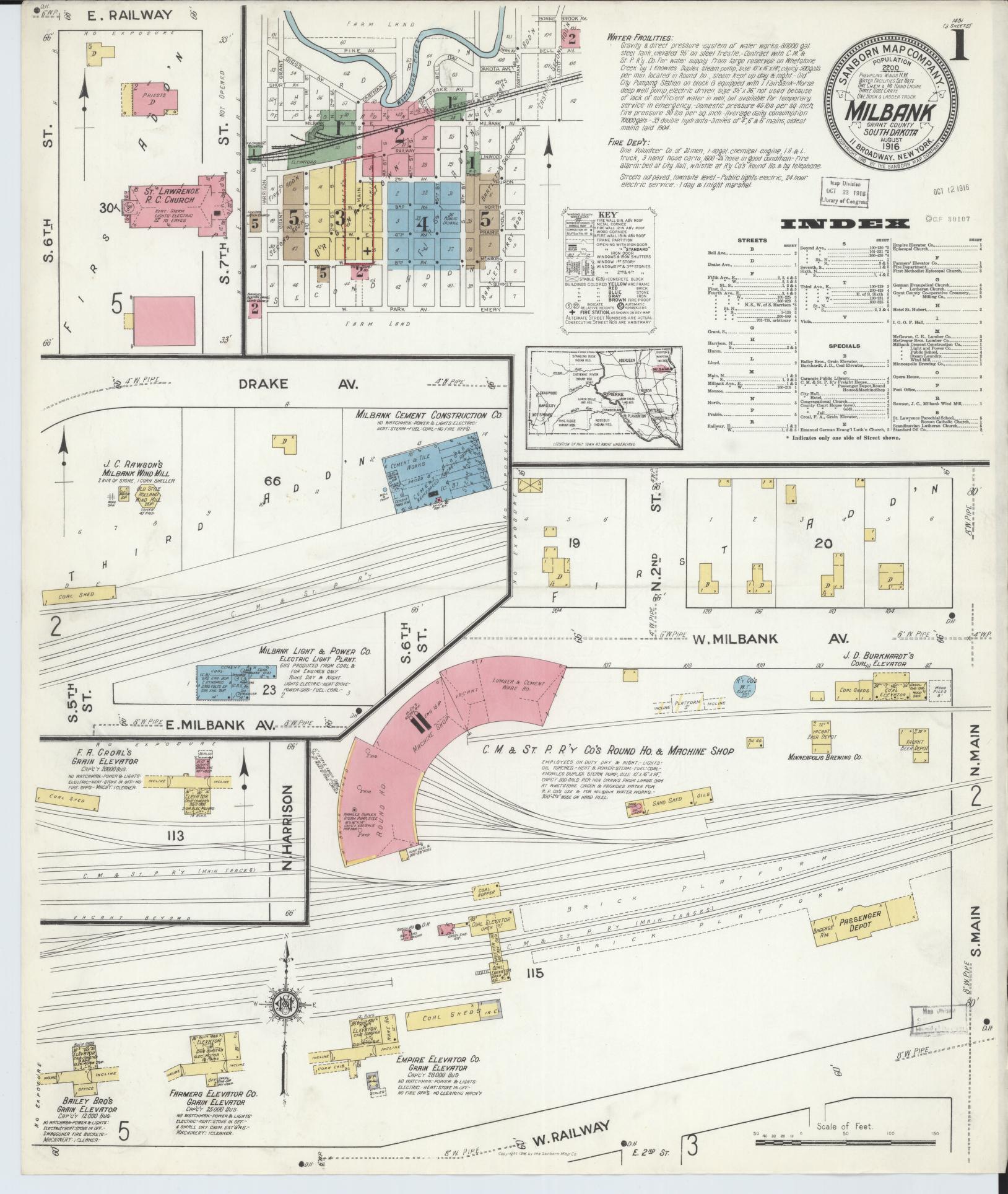 Sanborn Fire Insurance Map from Milbank, Grant County, South Dakota (1916), Sheet #0001 - Historic Sanborn Fire Insurance Map Print, vintage old map wall art, antique decor, genealogy gift, South Dakota South Dakota map