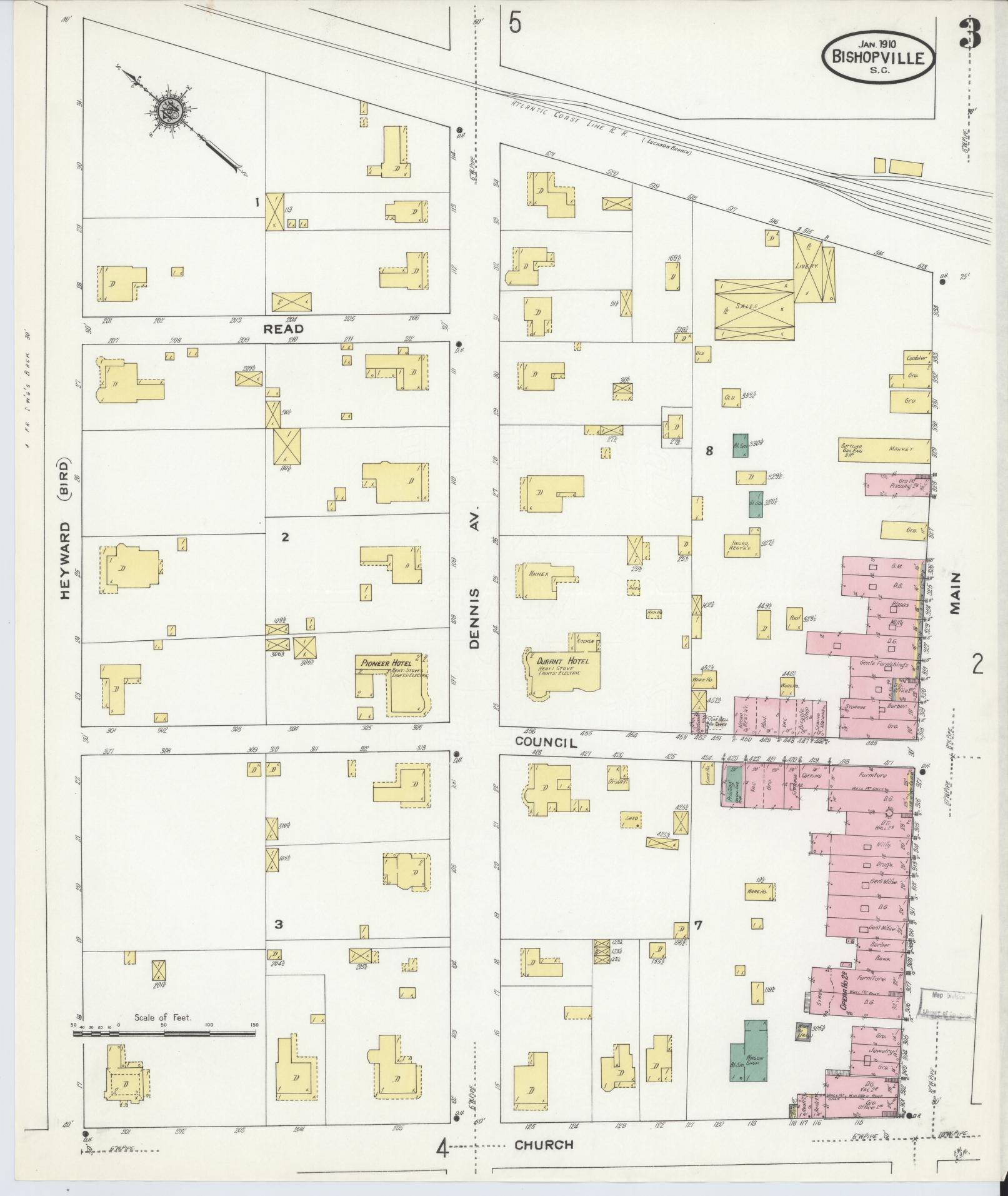 Sanborn Fire Insurance Map from Bishopville, Lee County, South Carolina (1910), Sheet #0003 - Complete Map Set gallery image, historic Sanborn map, vintage wall art, South Carolina South Carolina