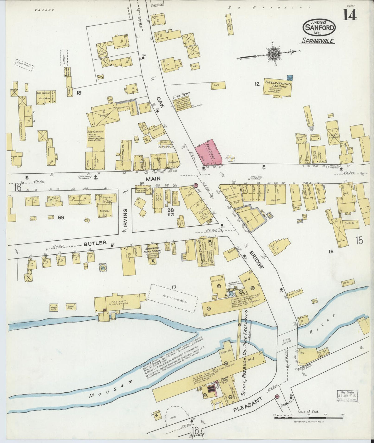 Sanborn Fire Insurance Map from Sanford, York County, Maine (1921), Sheet #0014 - Complete Map Set gallery image, historic Sanborn map, vintage wall art, Maine Maine