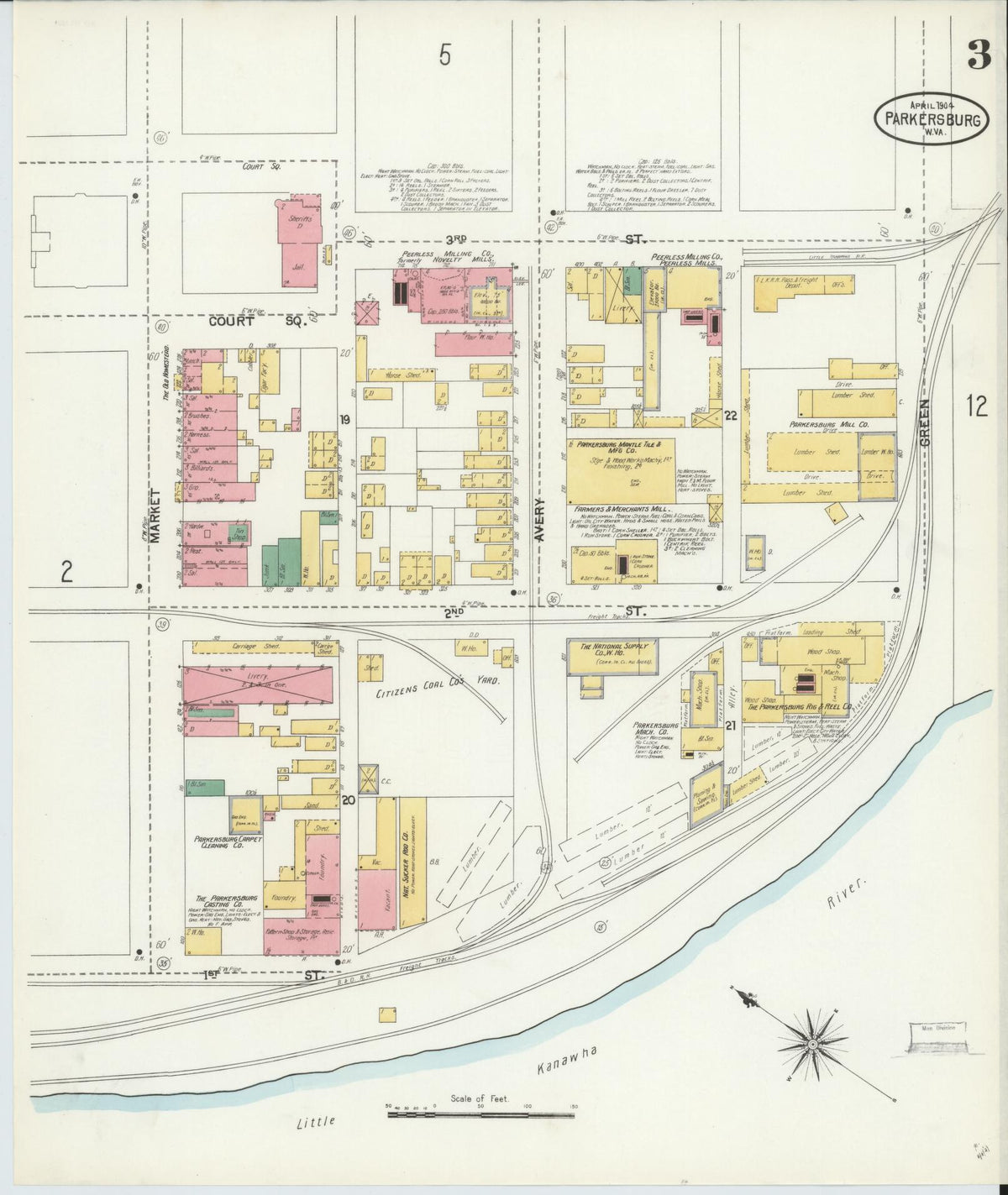 Sanborn Fire Insurance Map from Parkersburg, Wood County, West Virginia (1904), Sheet #0003 - Historic Sanborn Fire Insurance Map Print, vintage old map wall art, antique decor, genealogy gift, West Virginia West Virginia map