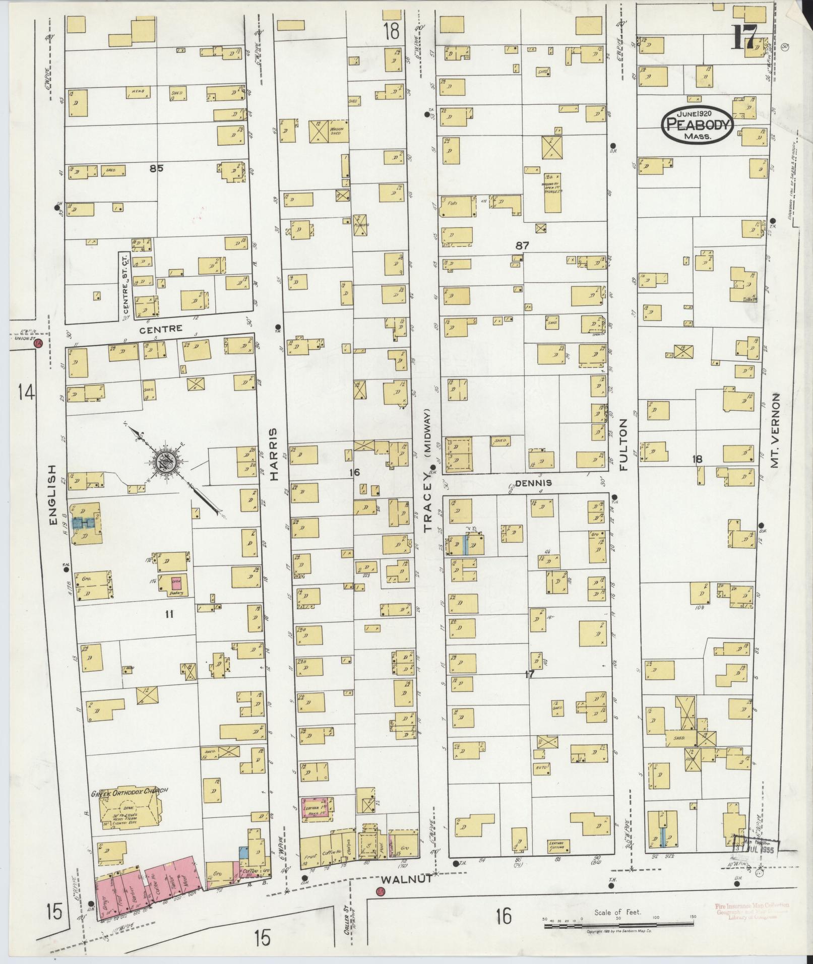 Sanborn Fire Insurance Map from Peabody, Essex County, Massachusetts (1920), Sheet #0017 - Complete Map Set gallery image, historic Sanborn map, vintage wall art, Massachusetts Massachusetts