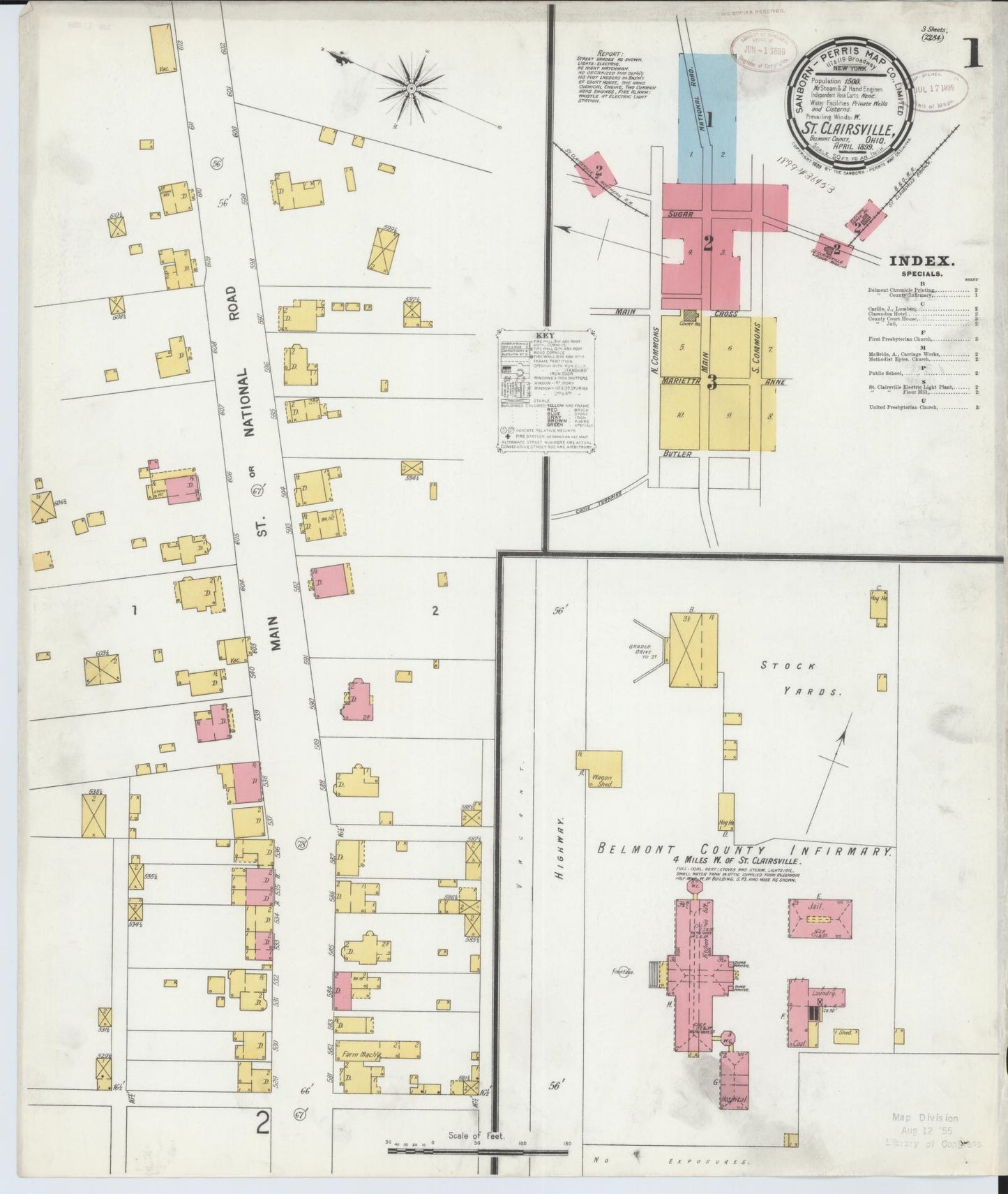 Sanborn Fire Insurance Map from Saint Clairsville, Belmont County, Ohio (1899), Sheet #0001 - Historic Sanborn Fire Insurance Map Print, vintage old map wall art, antique decor, genealogy gift, Ohio Ohio map