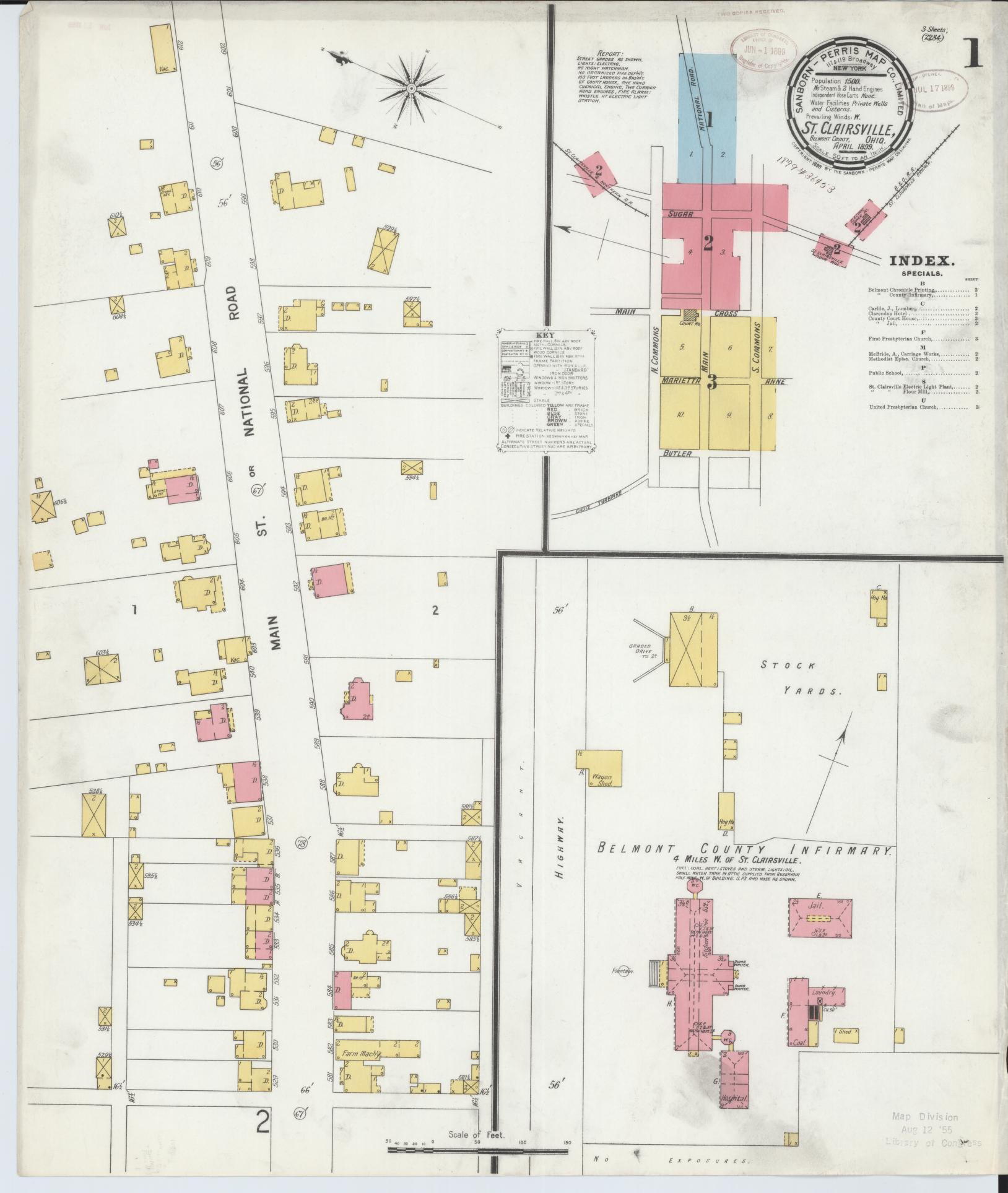 Sanborn Fire Insurance Map from Saint Clairsville, Belmont County, Ohio (1899), Sheet #0001 - Historic Sanborn Fire Insurance Map Print, vintage old map wall art, antique decor, genealogy gift, Ohio Ohio map
