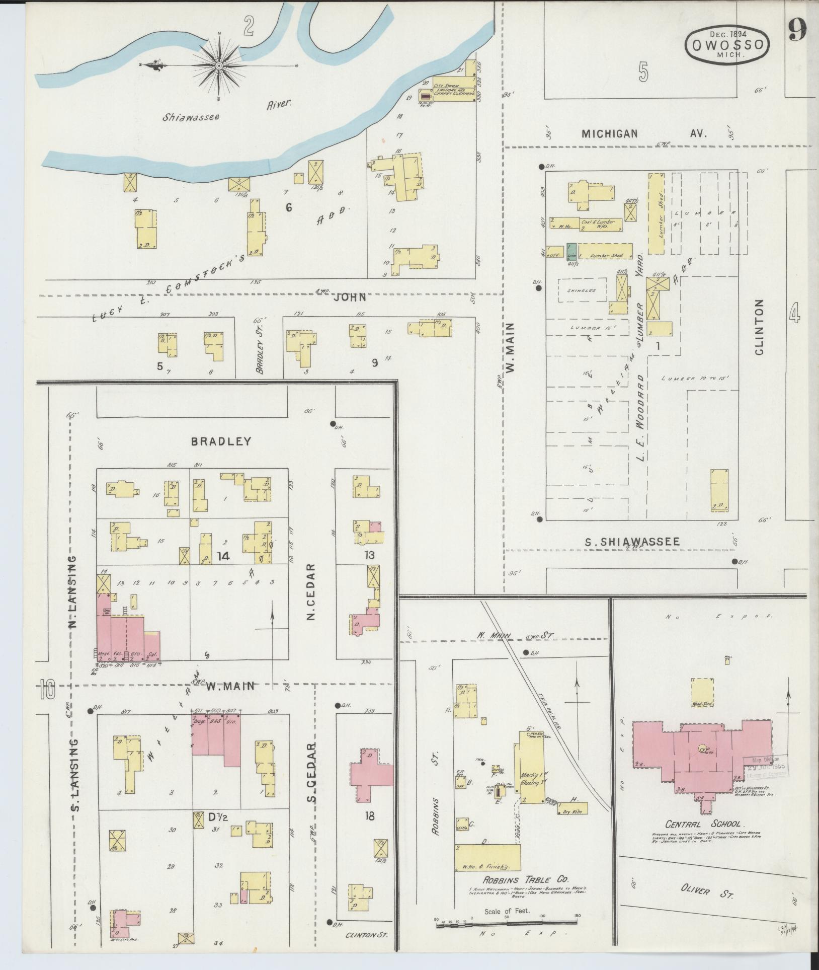 Sanborn Fire Insurance Map from Owosso, Shiawassee County, Michigan (1894), Sheet #0009 - Historic Sanborn Fire Insurance Map Print, vintage old map wall art, antique decor, genealogy gift, Michigan Michigan map