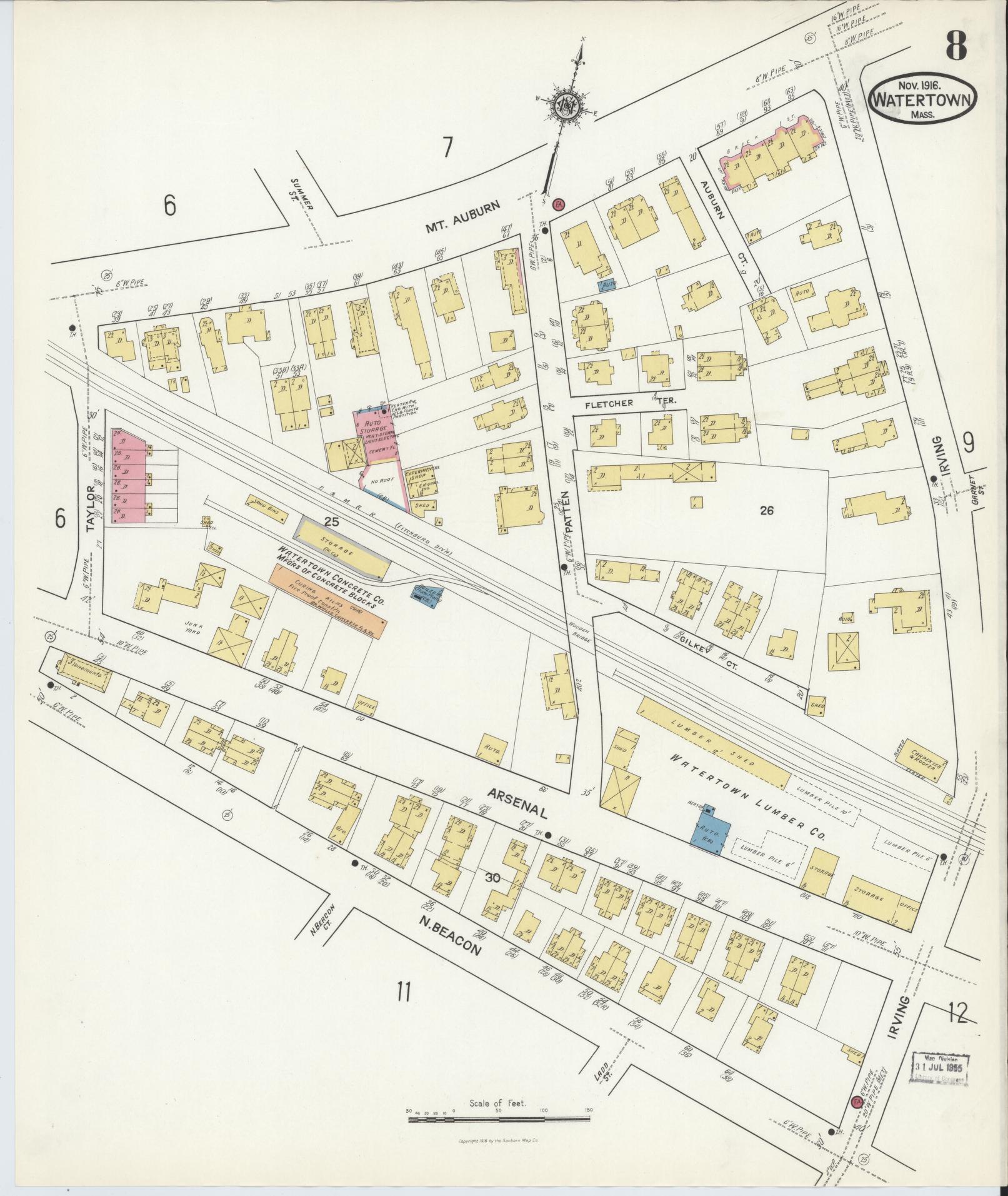 Sanborn Fire Insurance Map from Watertown, Middlesex County, Massachusetts (1916), Sheet #0008 - Complete Map Set gallery image, historic Sanborn map, vintage wall art, Massachusetts Massachusetts