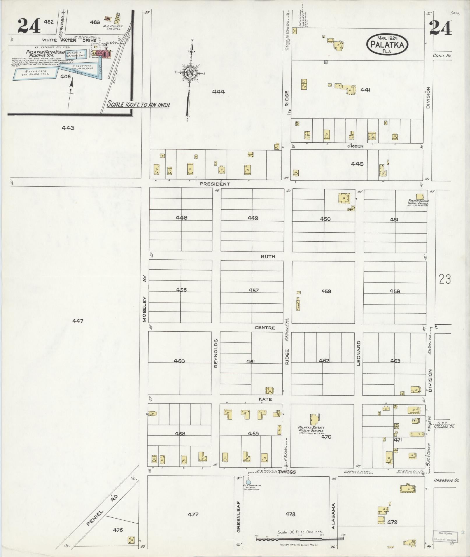 Sanborn Fire Insurance Map from Palatka, Putnam County, Florida (1924), Sheet #0024 - Historic Sanborn Fire Insurance Map Print, vintage old map wall art, antique decor, genealogy gift, Florida Florida map