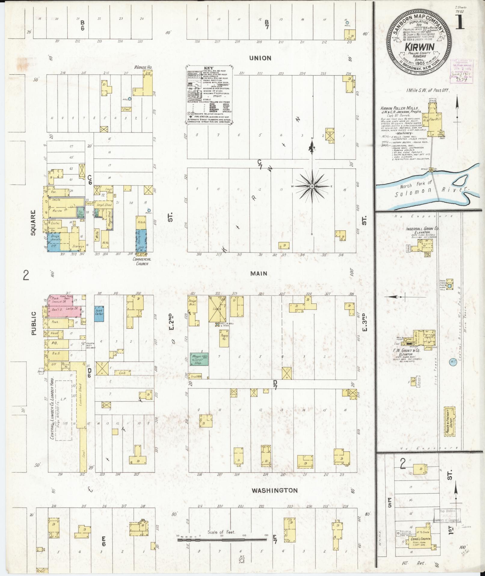 Sanborn Fire Insurance Map from Kirwin, Phillips County, Kansas (1905), Sheet #0001 - Complete Map Set gallery image, historic Sanborn map, vintage wall art, Kansas Kansas