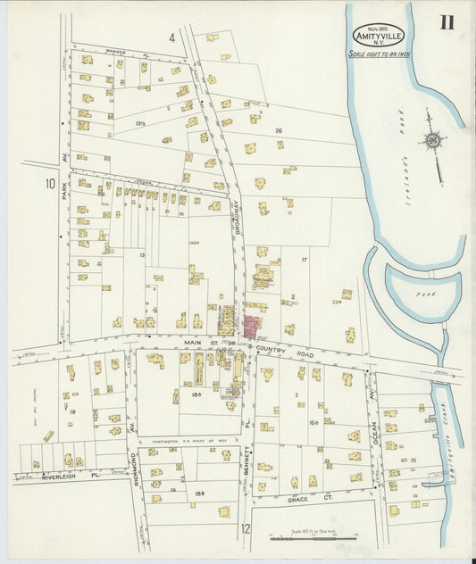 Sanborn Fire Insurance Map from Amityville, Suffolk County, New York (1915), Sheet #0011 - Historic Sanborn Fire Insurance Map Print, vintage old map wall art, antique decor, genealogy gift, New York New York map