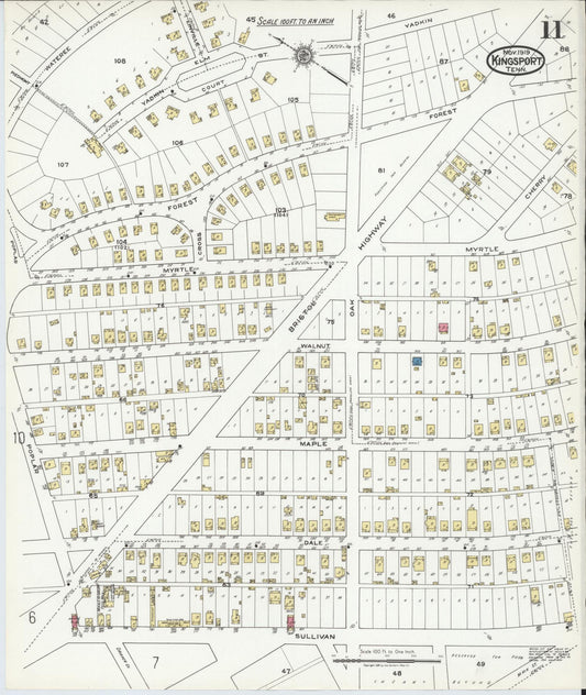 Sanborn Fire Insurance Map from Kingsport, Sullivan County, Tennessee (1919), Sheet #0011 - Historic Sanborn Fire Insurance Map Print, vintage old map wall art, antique decor, genealogy gift, Tennessee Tennessee map