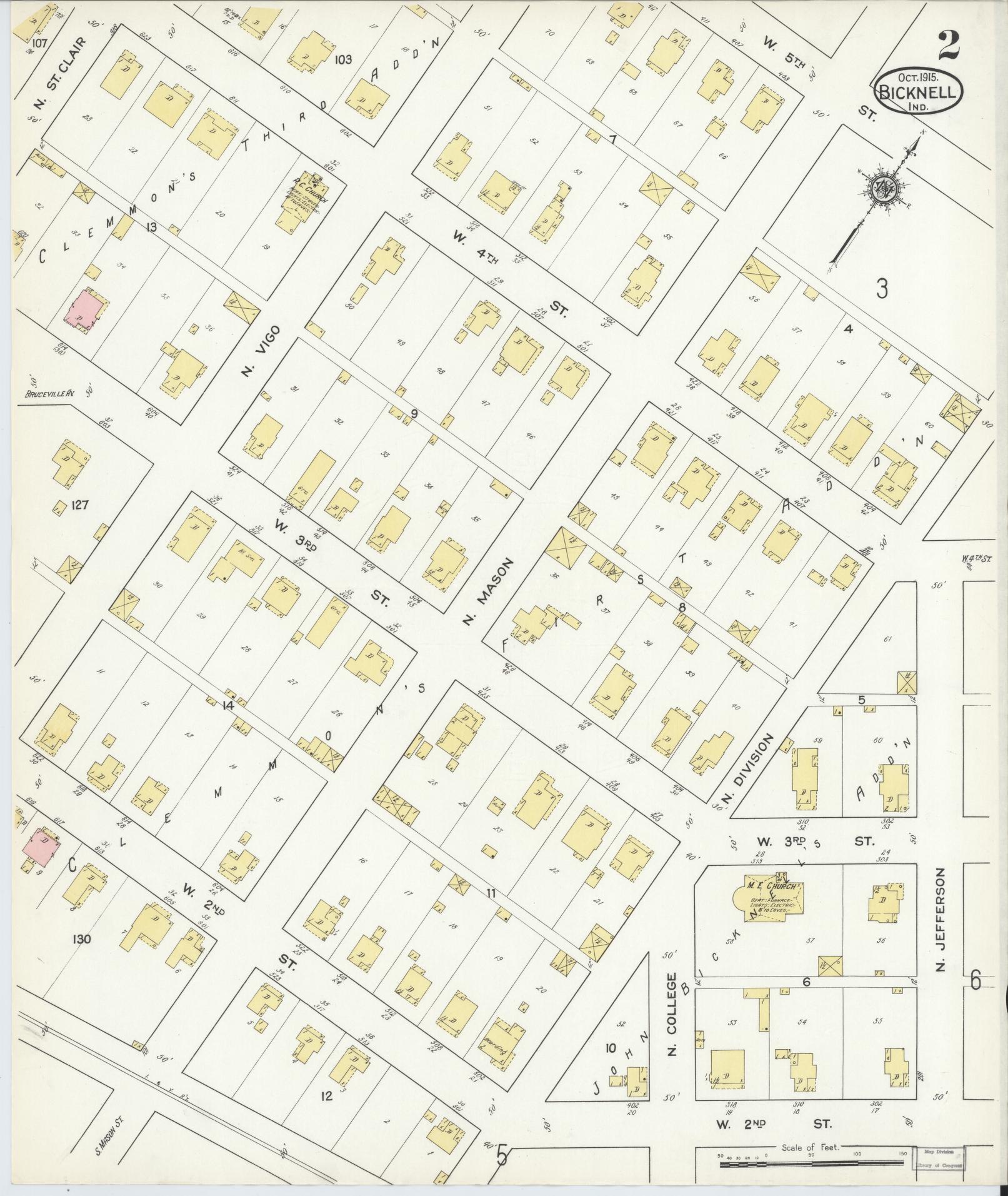Sanborn Fire Insurance Map from Bicknell, Knox County, Indiana (1915), Sheet #0002 - Complete Map Set gallery image, historic Sanborn map, vintage wall art, Indiana Indiana