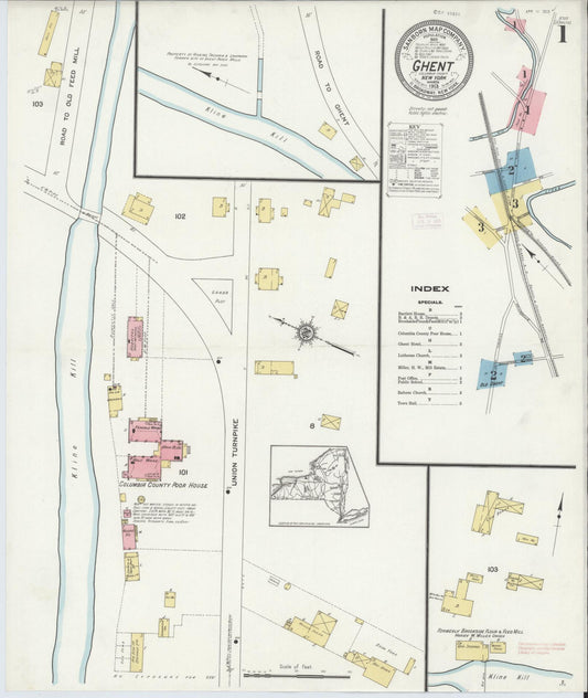Sanborn Fire Insurance Map from Ghent, Columbia County, New York (1913), Sheet #0001 - Historic Sanborn Fire Insurance Map Print, vintage old map wall art, antique decor, genealogy gift, New York New York map