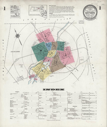 Sanborn Fire Insurance Map from Maynard, Middlesex County, Massachusetts (1924), Sheet #0001 - Historic Sanborn Fire Insurance Map Print, vintage old map wall art, antique decor, genealogy gift, Massachusetts Massachusetts map