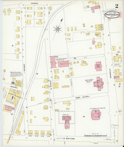 Sanborn Fire Insurance Map from Spartanburg, Spartanburg County, South Carolina (1908), Sheet #0002 - Complete Map Set gallery image, historic Sanborn map, vintage wall art, South Carolina South Carolina