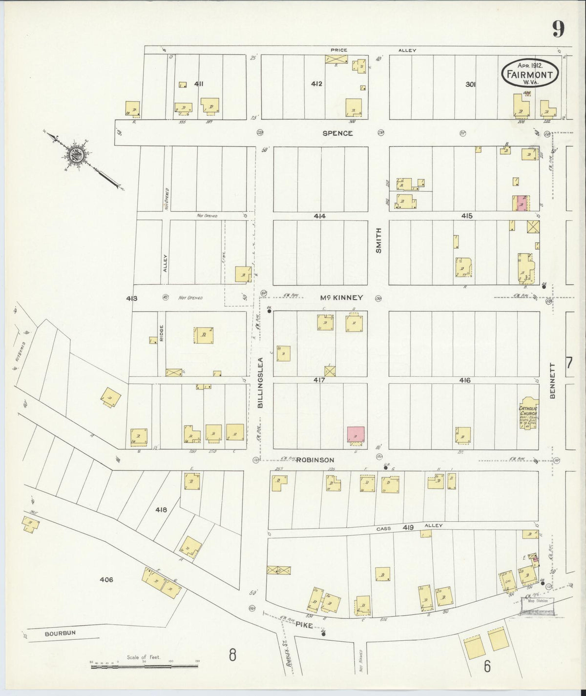 Sanborn Fire Insurance Map from Fairmont, Marion County, West Virginia (1912), Sheet #0009 - Historic Sanborn Fire Insurance Map Print, vintage old map wall art, antique decor, genealogy gift, West Virginia West Virginia map