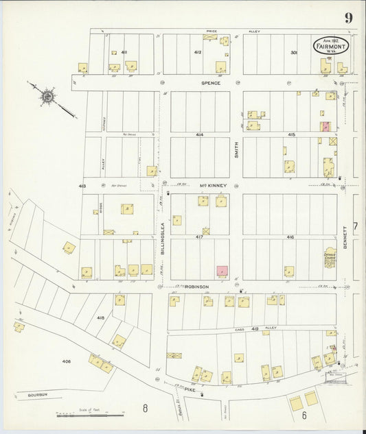 Sanborn Fire Insurance Map from Fairmont, Marion County, West Virginia (1912), Sheet #0009 - Historic Sanborn Fire Insurance Map Print, vintage old map wall art, antique decor, genealogy gift, West Virginia West Virginia map