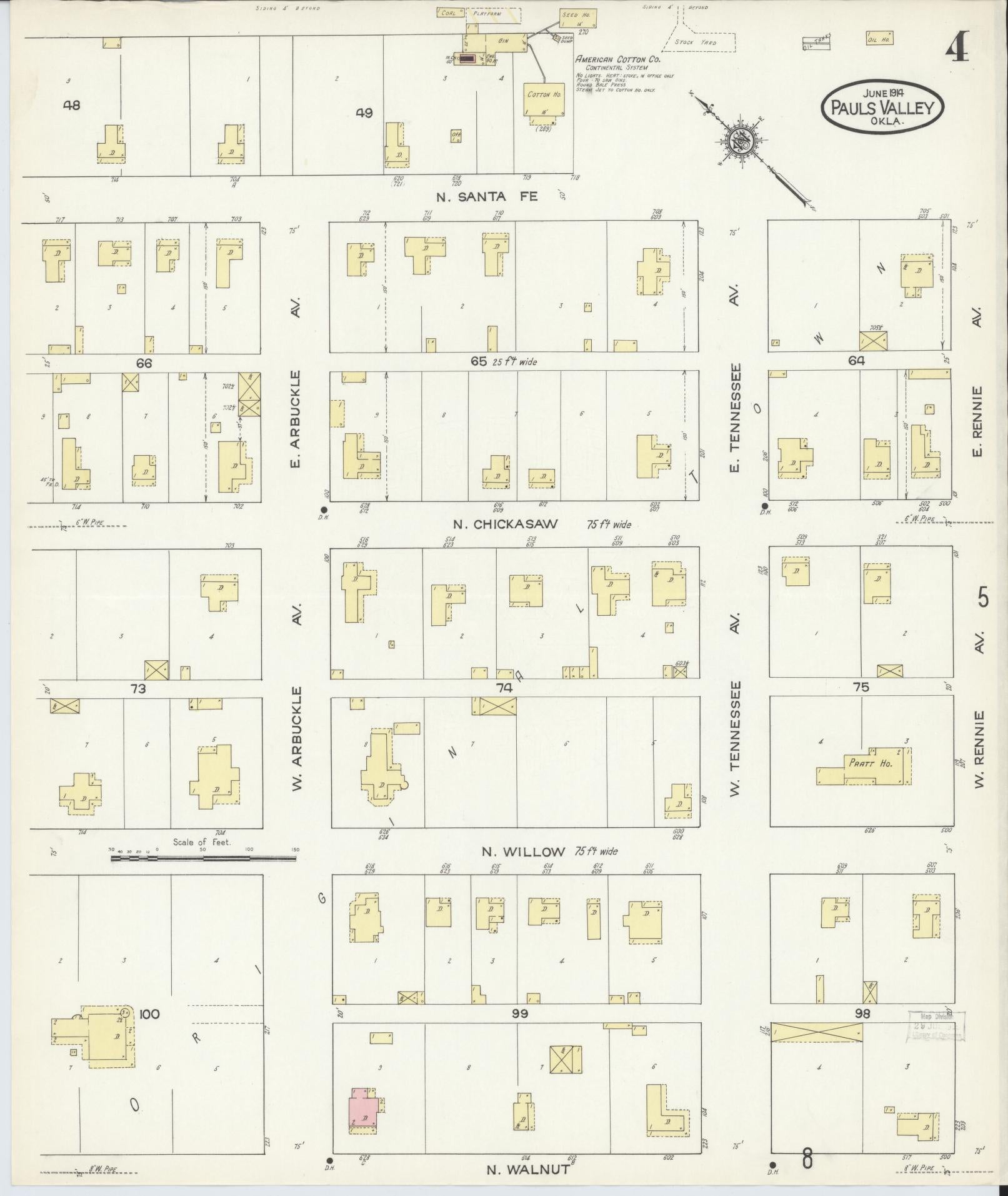 Sanborn Fire Insurance Map from Pauls Valley, Garvin County, Oklahoma (1914), Sheet #0004 - Historic Sanborn Fire Insurance Map Print, vintage old map wall art, antique decor, genealogy gift, Oklahoma Oklahoma map