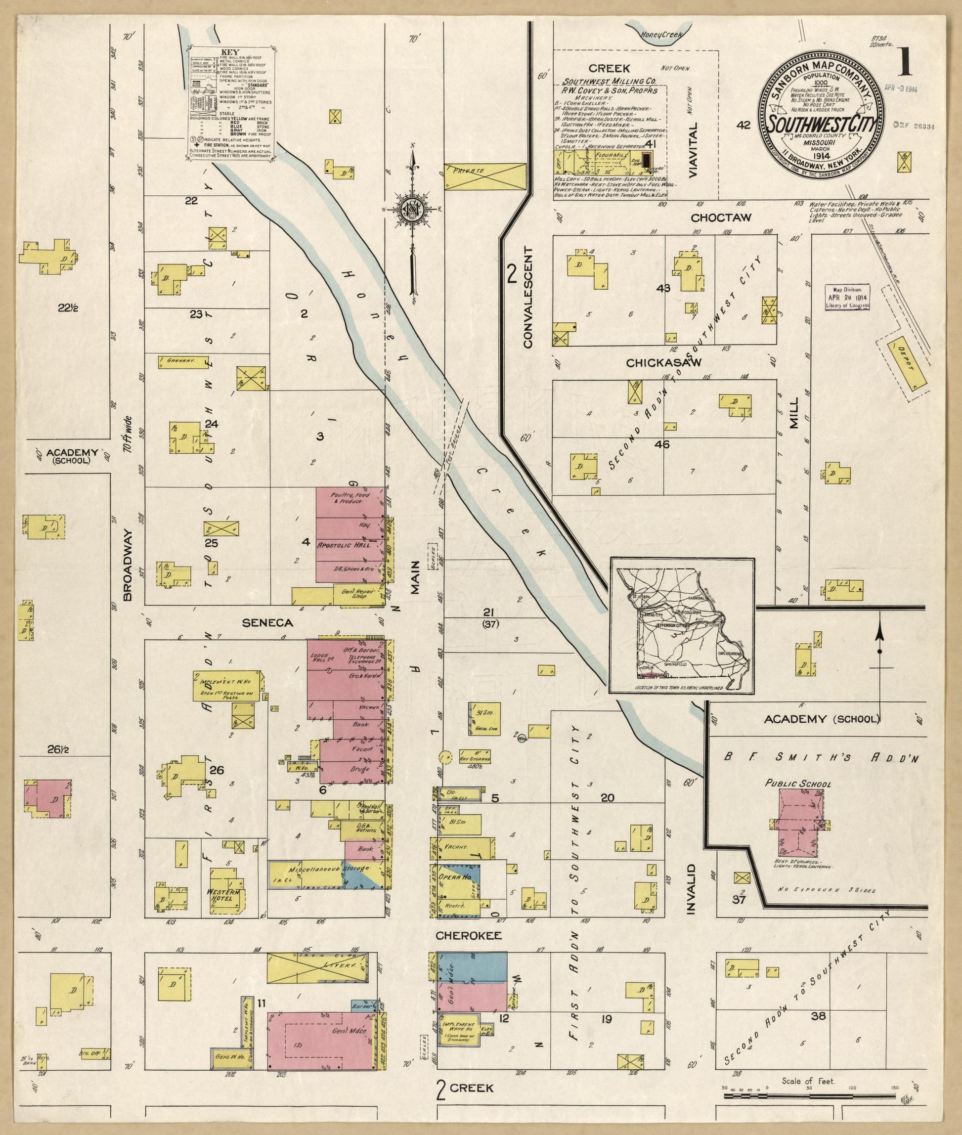 Sanborn Fire Insurance Map from Southwest City, Mcdonald County, Missouri (1914), Sheet #0001 - Complete Map Set gallery image, historic Sanborn map, vintage wall art, Missouri Missouri