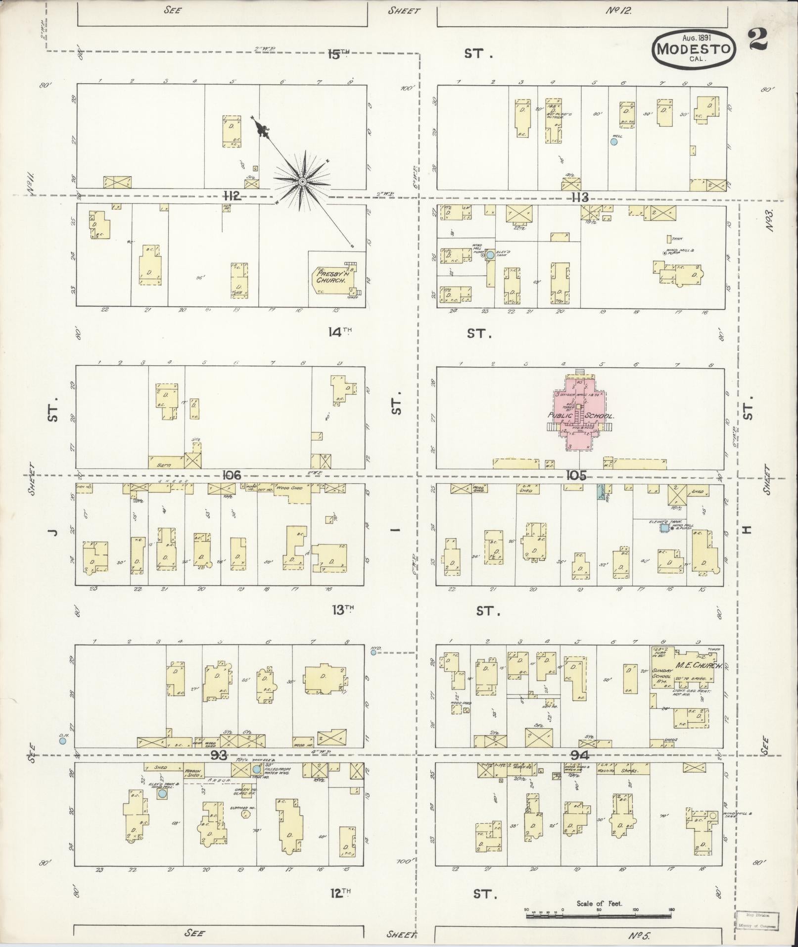Sanborn Fire Insurance Map from Modesto, Stanislaus County, California (1891), Sheet #0002 - Historic Sanborn Fire Insurance Map Print, vintage old map wall art, antique decor, genealogy gift, California California map