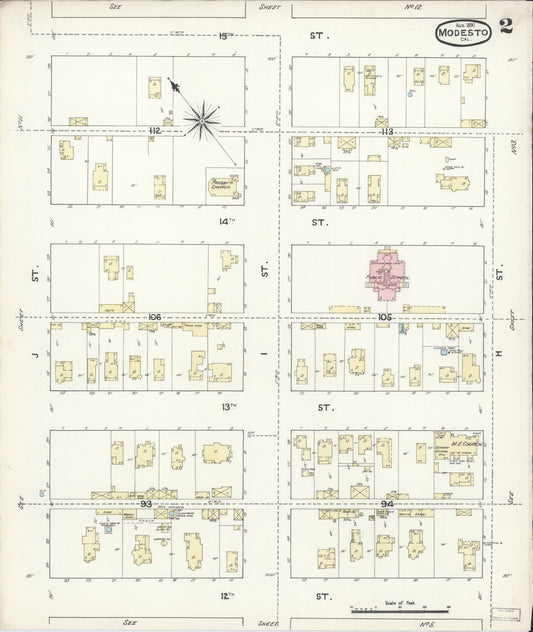 Sanborn Fire Insurance Map from Modesto, Stanislaus County, California (1891), Sheet #0002 - Historic Sanborn Fire Insurance Map Print, vintage old map wall art, antique decor, genealogy gift, California California map