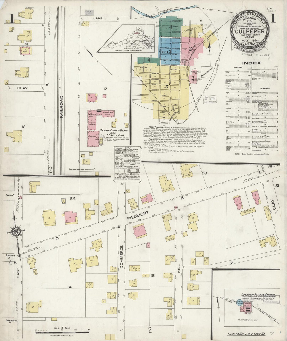 Sanborn Fire Insurance Map from Culpeper, Culpeper County, Virginia (1924), Sheet #0001 - Historic Sanborn Fire Insurance Map Print, vintage old map wall art, antique decor, genealogy gift, Virginia Virginia map
