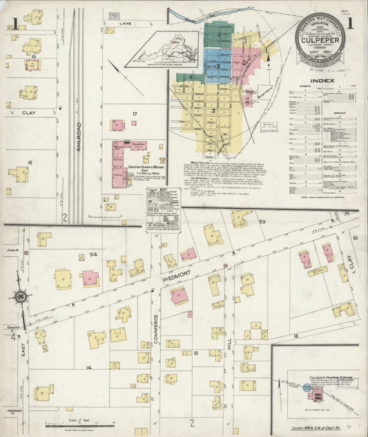 Sanborn Fire Insurance Map from Culpeper, Culpeper County, Virginia (1924), Sheet #0001 - Historic Sanborn Fire Insurance Map Print, vintage old map wall art, antique decor, genealogy gift, Virginia Virginia map