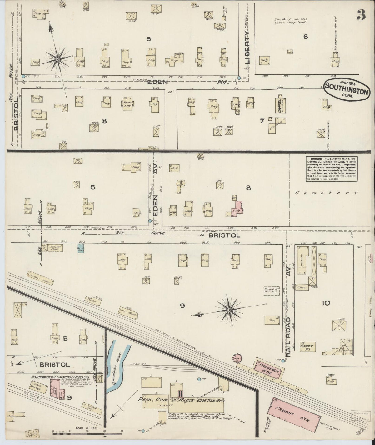 Sanborn Fire Insurance Map from Southington, Hartford County, Connecticut (1884), Sheet #0003 - Historic Sanborn Fire Insurance Map Print, vintage old map wall art, antique decor, genealogy gift, Connecticut Connecticut map