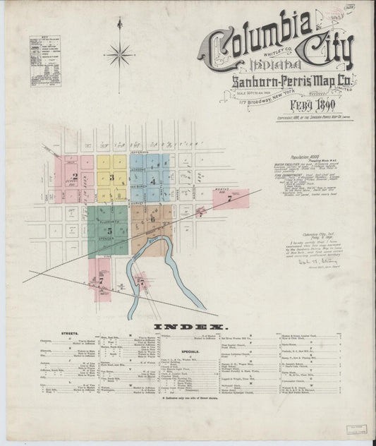 Sanborn Fire Insurance Map from Columbia City, Whitley County, Indiana (1890), Sheet #0001 - Historic Sanborn Fire Insurance Map Print, vintage old map wall art, antique decor, genealogy gift, Indiana Indiana map